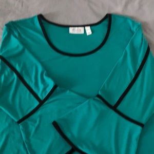 Dressy turquoise D&Co blouse with bell sleeves with black accent lines. Like new